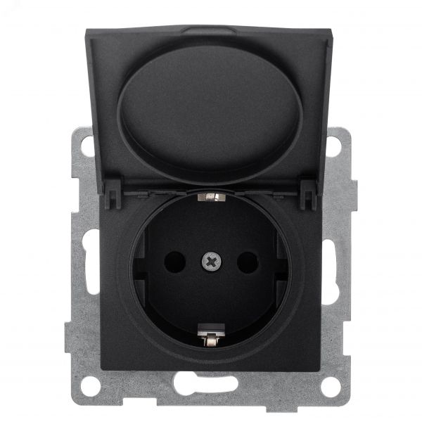 Розетка однопостовая Bravo с/з с з/ш и крышкой, механизм, 16А, 250В, графит