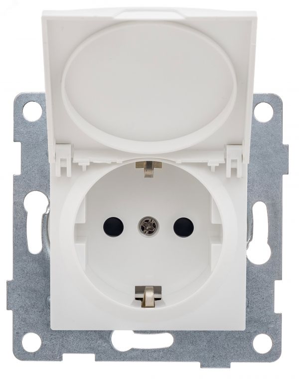 Розетка однопостовая Ugra с/з с з/ш и крышкой, механизм, 16А, 250В, белый