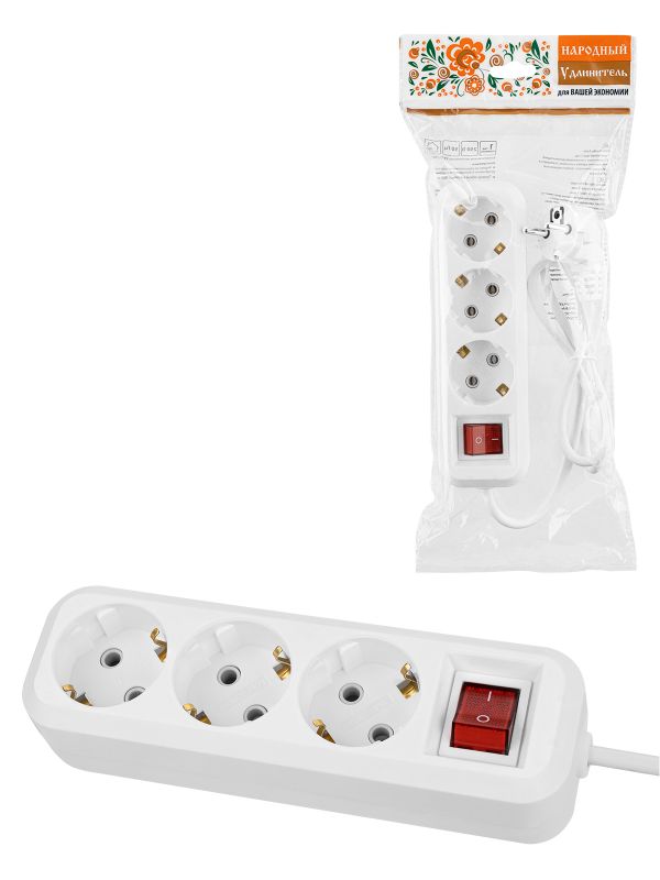 Удлинитель 3 гнезда. 3 метра. с/з. выкл.16 А. 3680 Вт. белый. НАРОДНЫЙ