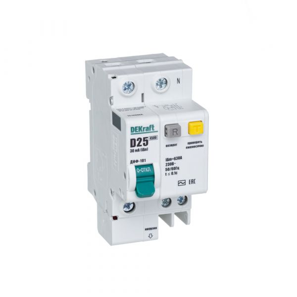 Автоматический выключатель дифференциального тока АВДТ встроенная защита от сверхтоков 1P+N 25А 30мА AC D ДИФ-101