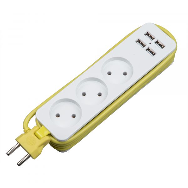 Удлинитель Travel шнур 1,8м 3 гнезда 10А без заземления 4 USB 3,1А белый с салатовым ТМ S-CT3-1,8U WHITE/GREEN