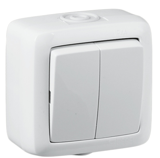 Выключатель двухклавишный наружный белый 10А IP44 10А