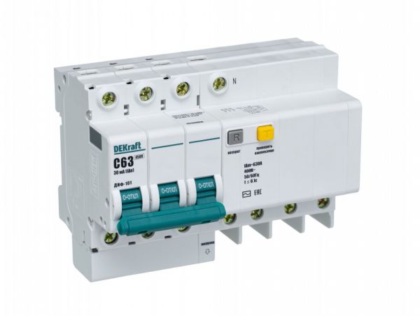 Автоматический выключатель дифференциального тока АВДТ встроенная защита от сверхтоков 3P+N 63А 30мА AC С ДИФ-101