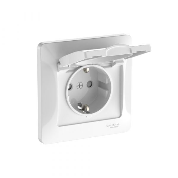 GLOSSA РОЗЕТКА с заземлением со шторками с крышкой, 16А, IP20, в сборе, быстрозажимные клеммы, БЕЛЫЙ