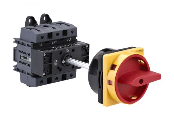 Выключатель-разъединитель 3P 125A С КРАСНОЙ ВЫНОСНОЙ РУКОЯТКОЙ НА ДИН-РЕЙКУ/ПЛАТЕ