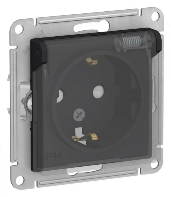 ATLASDESIGN AQUA РОЗЕТКА с заземлением со шторкамис прозрачной крышкой, 16А, IP44, механизм, КАРБОН