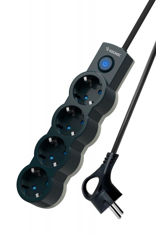 Удлинитель 1.5м, ПВС 3х0.75 4 гнезда, заземление, выключатель 10А черный