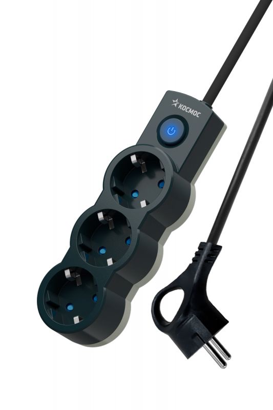 Удлинитель 3м, ПВС 3х0.75 3 гнезда, заземление, выключатель 10А черный