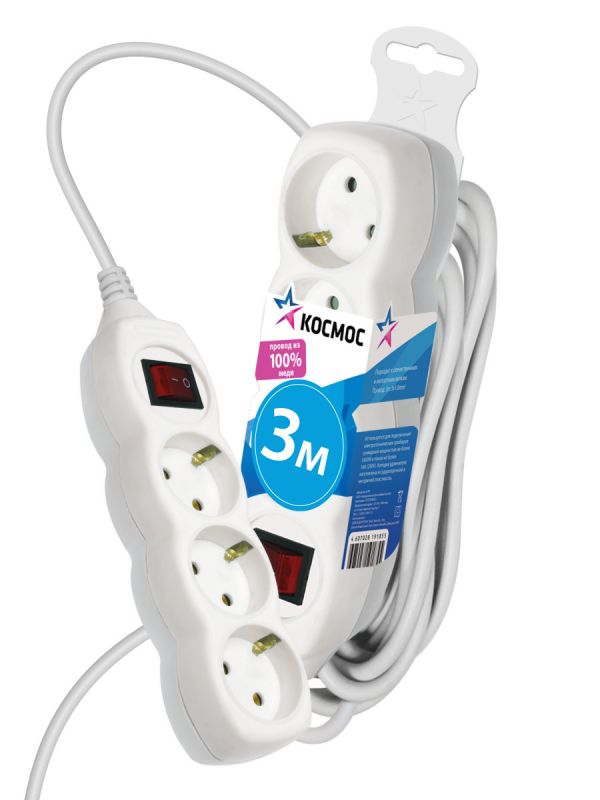 Удлинитель 3м, 3гн. земля, выключатель ПВС 1мм2