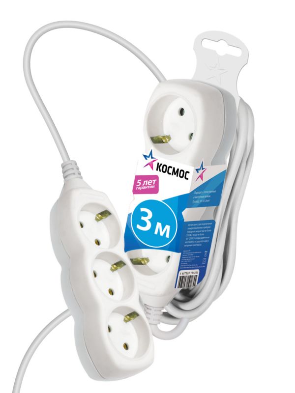 Удлинитель 3м, 3гн. земля, ПВС 1мм2