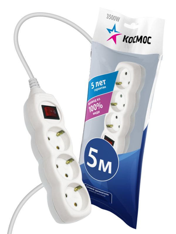Удлинитель 5м, 3 гнезда земля, выключатель ПВС 1мм2