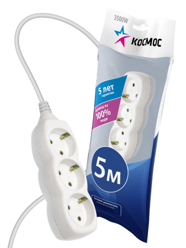 Удлинитель 5м, 3 гнезда земля, ПВС 1мм2