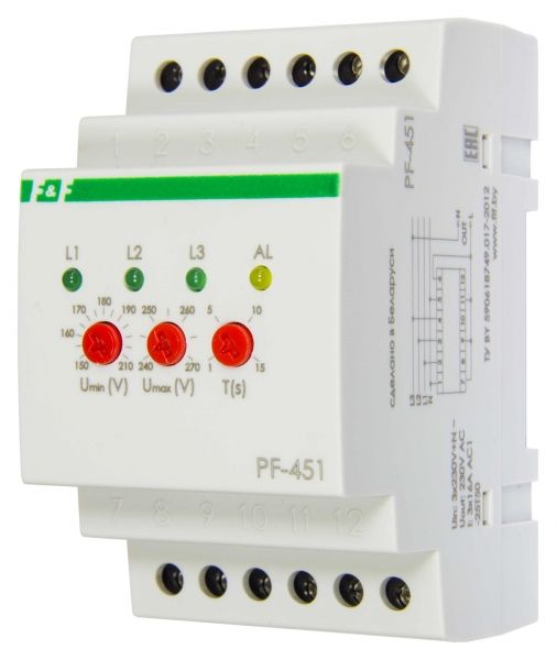 Автоматический переключатель фаз PF-451 Uвх. 3х380В, Uвых. 220В, 3х16А, с выходами для контакторов