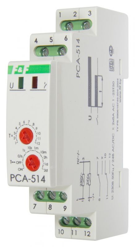 Реле времени с задержкой выключения PCA-514 монтаж на DIN-рейке 35 мм, выход 2x8А, 230VAC 24 AC/DC