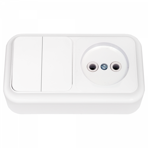 Беларусь Блок: выключатель двухклавишный + розетка без заземления наружный Пралеска