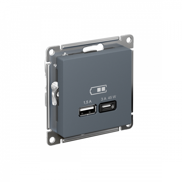 ATLASDESIGN USB РОЗЕТКА A + тип-C 45W высокоскор.заряд. QC,PD, механизм, ГРИФЕЛЬ