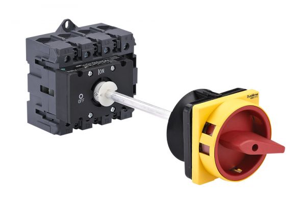 Выключатель-разъединитель 4P 80A IP20 С КРАСНОЙ ВЫНОСНОЙ РУКОЯТКОЙ НА ДИН-РЕЙКЕ/ПЛАТЬЕ С ЗАМКОМ