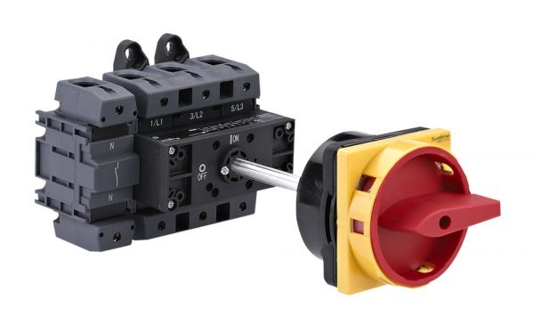 Выключатель-разъединитель 4P 125A IP20 С КРАСНОЙ ВЫНОСНОЙ РУКОЯТКОЙ НА ДИН-РЕЙКЕ/ПЛАТЬЕ С ЗАМКОМ