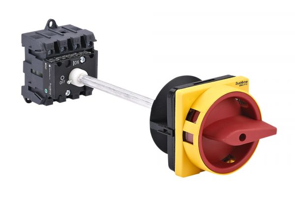 Выключатель-разъединитель 4P 32A IP20 С КРАСНОЙ ВЫНОСНОЙ РУКОЯТКОЙ НА ДИН-РЕЙКЕ/ПЛАТЬЕ С ЗАМКОМ