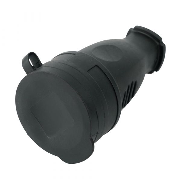 Розетка переносная c/з, с крышкой, 230В,16А,IP44, каучук, черный