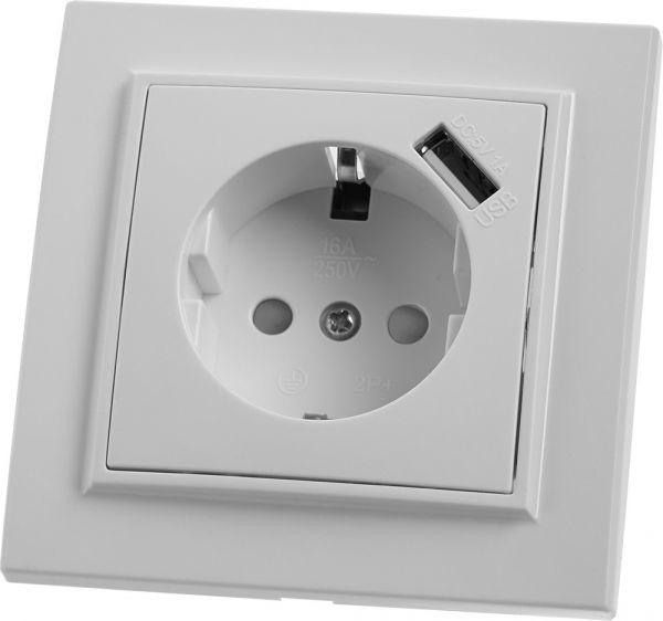 Розетка 1-местная с/з и с USB, серия Эрна, белый,