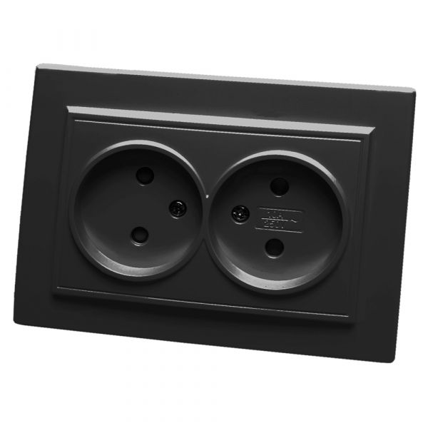 Розетка двухместная б/з,с защитной шторкой,250В, 10А,  серия Эрна, черный Stekker