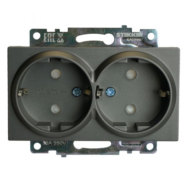 Розетка двухместная с защитной шторкой с/з (механизм) 250В 16А серия Катрин графит STEKKER