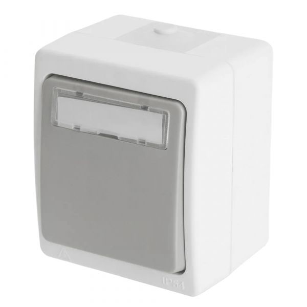 Выключатель одноклавишный самовозвратный с окном для маркировки 10А IP54 серия Велена серый/графит STEKKER