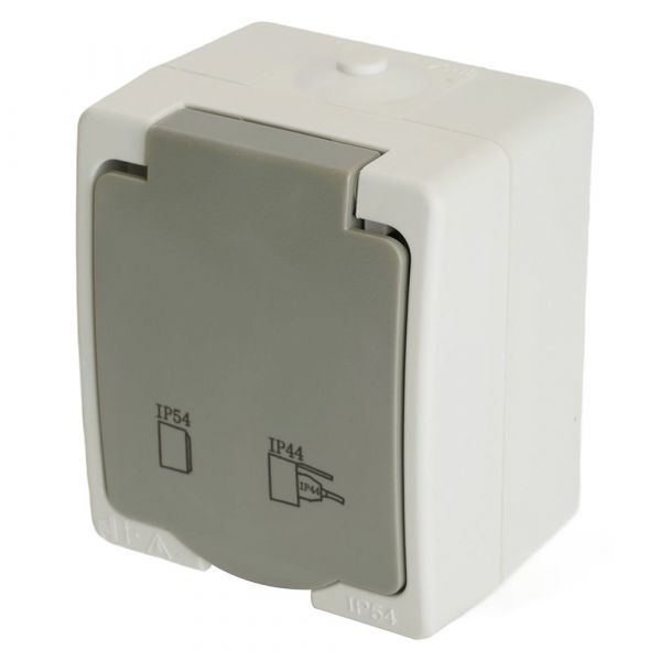 Розетка 1-местная с крышкой с/з 250В 16А IP54 серия Велена белый/серый STEKKER