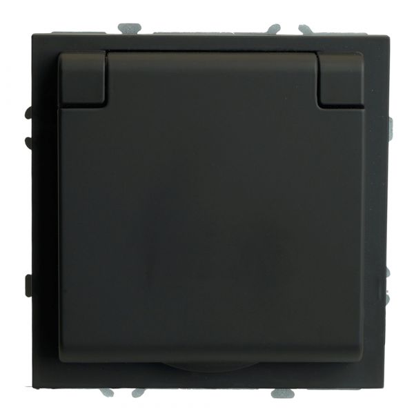 Розетка 1-местная с крышкой с защ. штор с/з, 250В, 16А, серия Эмили,, черный уголь, soft touch