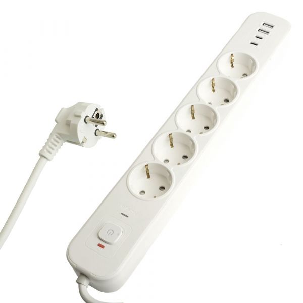 Фильтр сетевой 5-местный с/з 3x1 мм2 1,8 м 250 В 16 А 2 USB-A+2 Type-C белый HM21-51-02