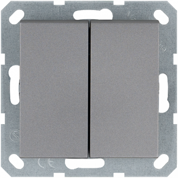 Выключатель двухклавишный проходной 10A 250V~ с накладкой, цвет Алюминий