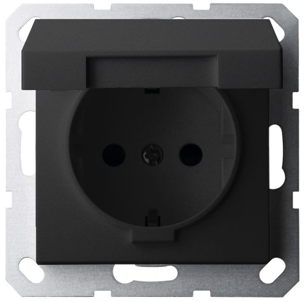 Розетка Schuko с крышкой и защитными шторками 16A 250V~ 2P+T, цвет черный матовый (soft touch)