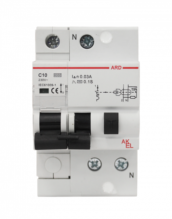 Выключатель дифференциальный автоматический АВДТ-ARD-1P+N-C10-30mA-ТипAC 1P+N/10A/C/AC/30mA/6kA