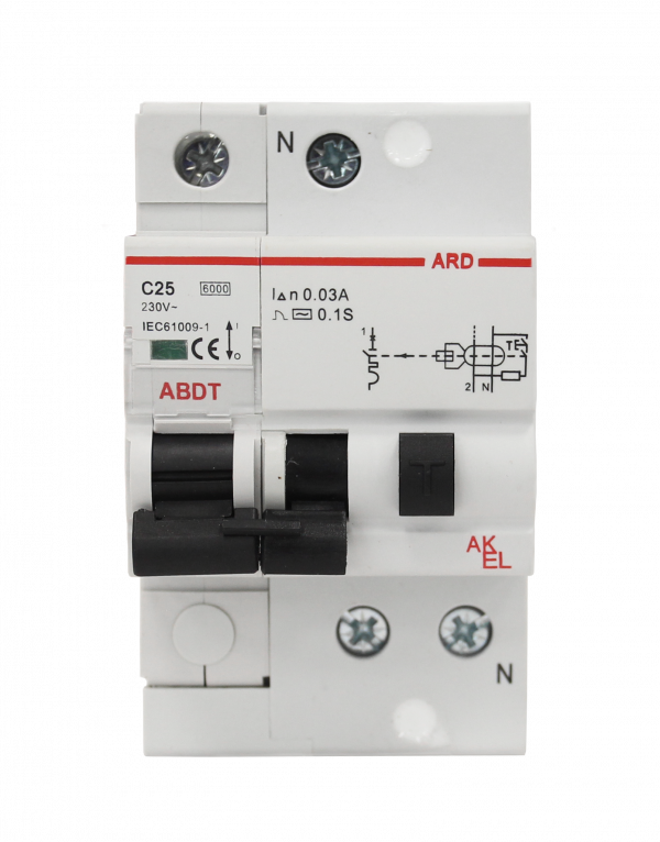 Выключатель дифференциальный автоматический АВДТ-ARD-1P+N-C25-30mA-ТипA 1P+N/25A/C/A/30mA/6kA