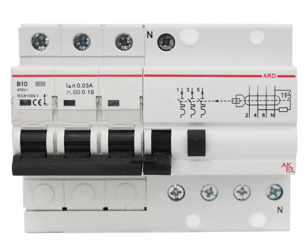 Выключатель дифференциальный автоматический АВДТ-ARD-3P+N-B10-30mA-ТипAC 3P+N/10A/B/AC/30mA/6kA