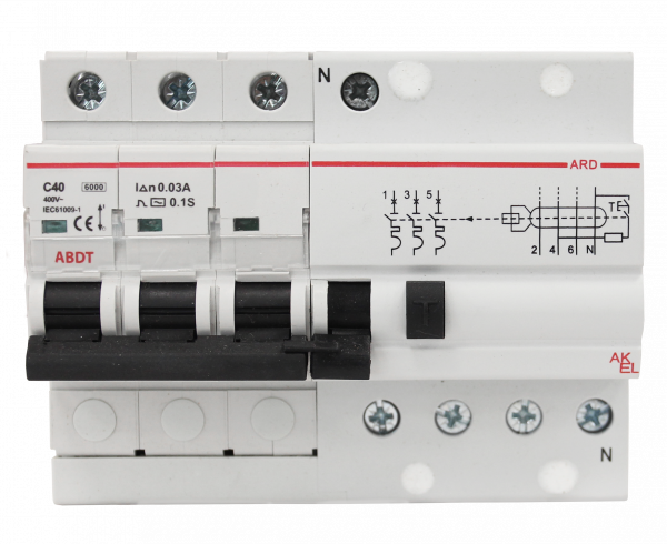 Выключатель дифференциальный автоматический АВДТ-ARD-3P+N-C40-30mA-ТипAC 3P+N/40A/C/AC/30mA/6kA