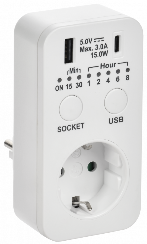 РТЭ-4 Розетка-таймер электронный с USB A+C        15мин-8ч 16А IP20 белый IEK