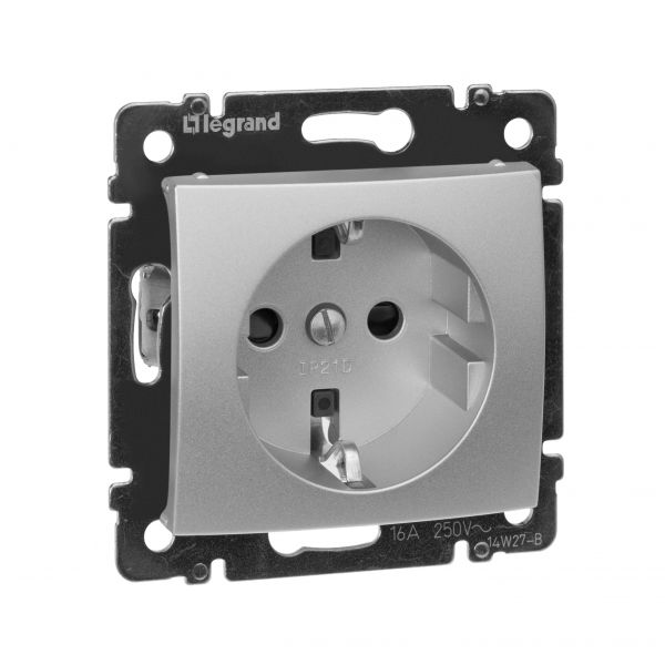 Розетка 1-местная с заземлением с защитными шторками 16А алюминий VALENA