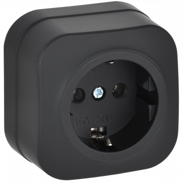 GLORY Розетка 1-местная для открытой установки с заземлением без защитных шторок 16А РС20-3-ХЧм черный матовый IEK