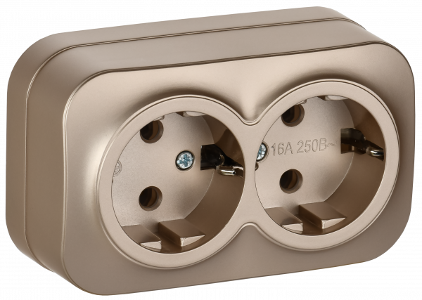 GLORY Розетка 2-местная для открытой установки с заземлением без защитных шторок 16А РС22-3-ХШм шампань матовый IEK