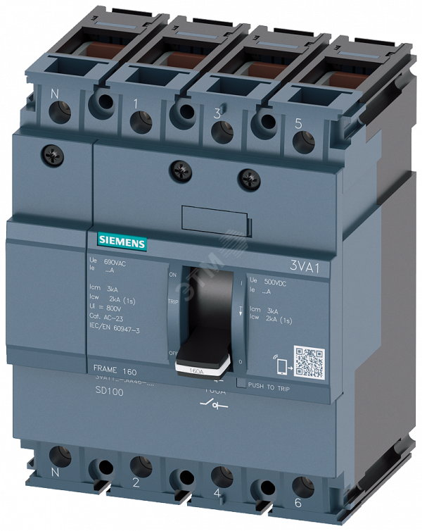 РАЗЪЕДИНИТЕЛЬ НАГРУЗКИ 3VA1 IEC ТИПОРАЗМЕР 160 4-ПОЛЮС. SD100, IN=100A БЕЗ ЗАЩИТЫ ОТ ПЕРЕГРУЗКИ БЕЗ ЗАЩИТЫ ОТ ТОКА КЗ ПРИСОЕДИНЕНИЕ КАБЕЛЕМ