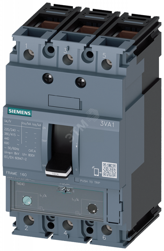 CIRCUIT BREAKER 3VA1 IEC FRAME 160 BREAKING CAPACITY CLASS M ICU=55KA @ 415 V 3-POLE, LINE PROTECTION TM240, ATAM, IN=63A OVERLOAD PROTECTION IR=44,1A ...63A SHORT CIRCUIT PROTECTION II=5...10 X IN CABLE CONNECTION SHUNT TRIP (STL) 110-127 V DC,
