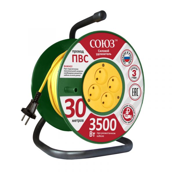 Удлинитель Союз силовой на катушке с 4 гнезда 3500 Вт 30м