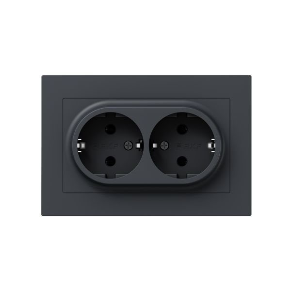 Механизм розетки двойной  16А  с заземлением  без шторок  с рамкой  графит Эпика EKF