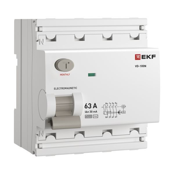 Выключатель дифференциального тока (ВД) четырехполюсный 4P 63А 30mA (AC) эл-мех ВД-100N E1046M6330 PROXIMA EKF