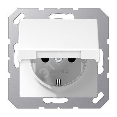 Штепсельная розетка SCHUKO одинарная, с заземлением, с крышкой, с шторками, 16A, 250В  (механизм + накладка, без рамки). Серия A500  Материал- термопласт  Цвет- белый