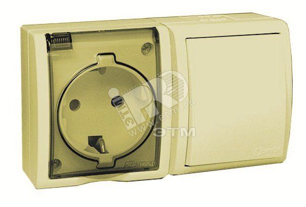 15 Aqua Блок розетка с заземлением 16А 250В + выключатель 10А 250В IP54 слоновая кость