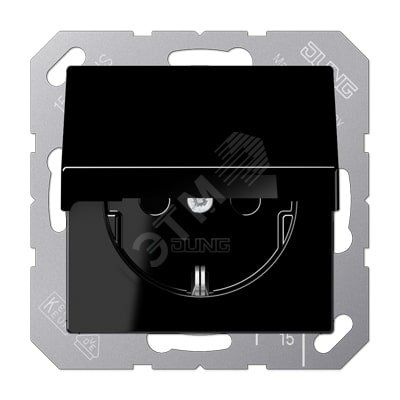 Штепсельная розетка SCHUKO одинарная, с заземлением, с крышкой, без шторок, 16A, 250В  (механизм + накладка, без рамки). Серия A500  Материал- термопласт  Цвет- черный