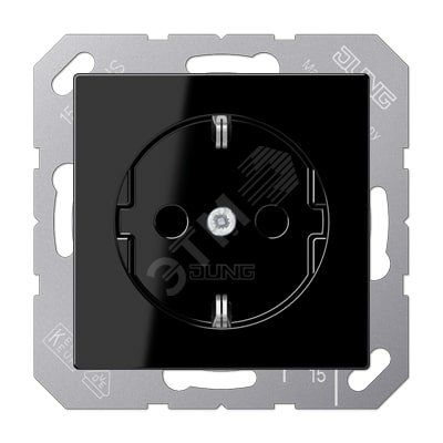 Штепсельная розетка SCHUKO одинарная, с заземлением, без шторок, 16A, 250В  (механизм + накладка, без рамки). Серия A500  Материал- термопласт  Цвет- черный